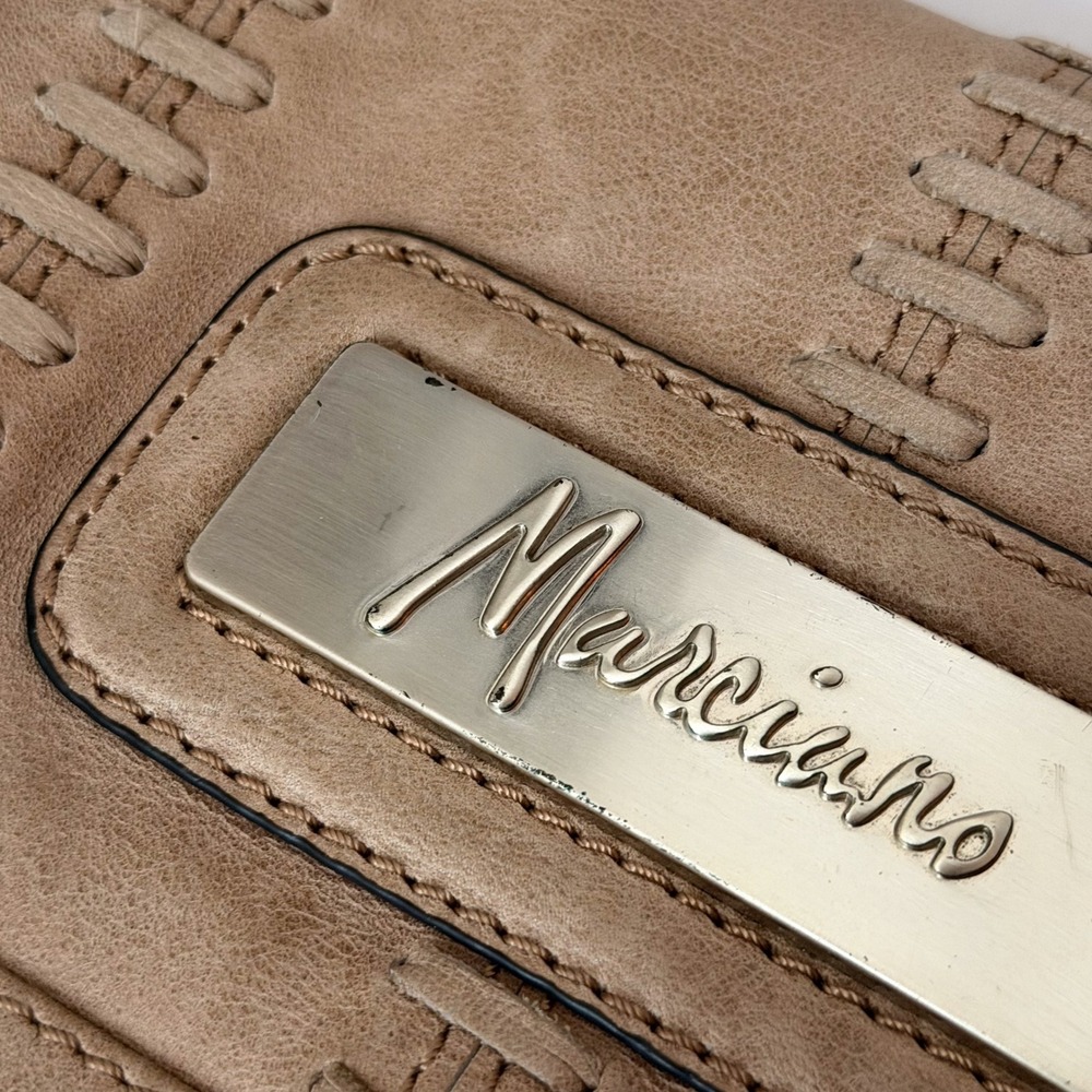 Marciano Angelique Tan‎ Leather Foldover Clutch Bag Gold Logo Accent - Picture 6 of 9